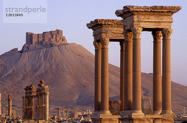 Syrien  Palmyra  archäologische Stätte (UNESCO-Welterbe)  im Hintergrund das Tetrapylon und die arabische Zitadelle