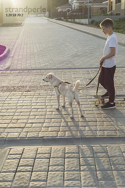Seitenansicht des Jungen auf dem Skateboard mit Hund bei Sonnenuntergang