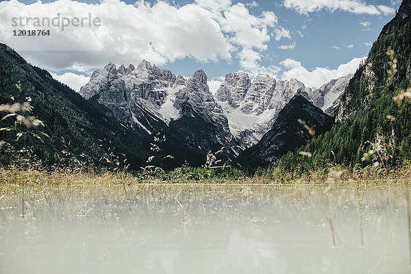 Panoramablick auf das Feld gegen felsige Berge an sonnigen Tagen  Südtirol  Italien