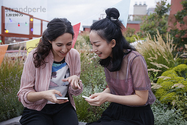 Glückliche weibliche Freunde  die Smartphones benutzen  während sie auf der Terrasse sitzen.