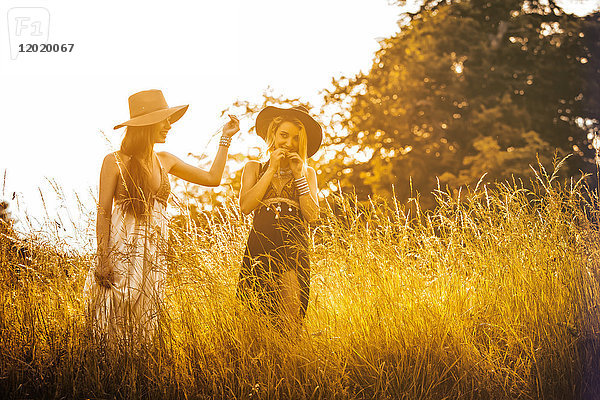 Porträt von zwei Mädchen  die sich auf einem Feld vergnügen