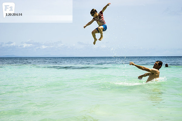 Ein Kind springt mit seinem Vater ins Meer  Anse Figuier  Martinique  Frankreich