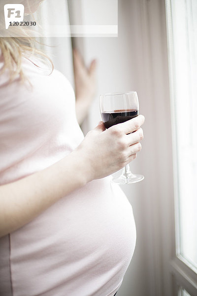 Profil-Nahaufnahme einer schwangeren Frau im 6. Monat  die ein Glas Rotwein in der Hand hält.