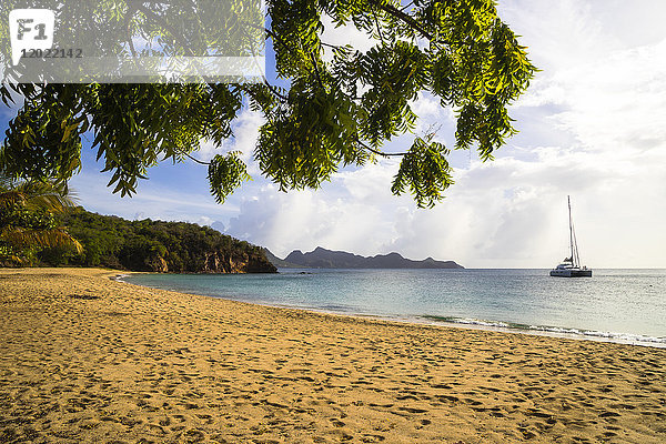 Segelboot am Liegeplatz  Strand der Saline Bay  Mayreau  Saint-Vincent und die Grenadinen  Westindische Inseln