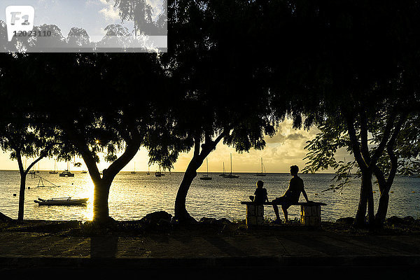 Ein Vater und sein Sohn sitzen vor dem Sonnenuntergang  Saint-Louis  Marie-Galante  Guadeloupe  Frankreich