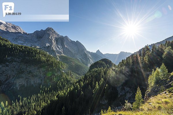 Blick auf Wald und Berge  Gran Vernel  Marmoladapass  Südtirol  Trentino-Südtirol  Südtirol  Italien  Europa