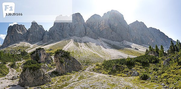 Wanderweg zur Geisler Alm  Villnösstal unterhalb der Geislerspitzen  hinter Geislergruppe  Sass Rigais  Dolomiten  Südtirol  Italien  Europa