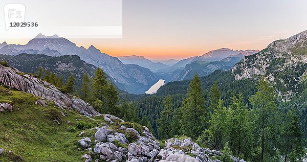 Panorama  Blick vom Feldkogel auf den Königsee  links Watzmann Südspitze und Watzmann-Kinder  rechts Funtenseetauern  Sonnenuntergang  Nationalpark Berchtesgaden  Berchtesgadener Land  Oberbayern  Bayern  Deutschland  Europa