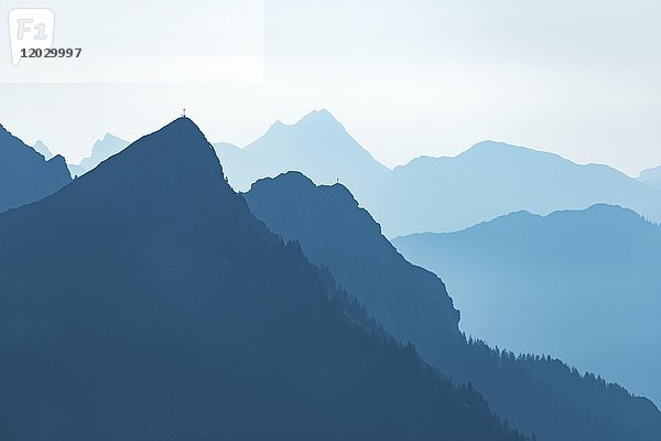 Morgenlicht mit Bergketten als Staffelung und Bergsteigen auf Gipfeln  Tannheimer Tal  Tirol  Österreich  Europa