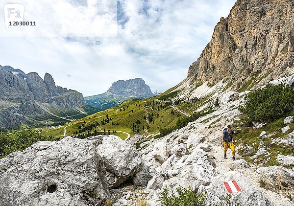 Wanderer auf dem Rundweg um die Sellagruppe  Grödner Joch  Grödner Joch  Naturpark Puez-Geisler  Dolomiten  Wolkenstein  Südtirol  Trentino-Südtirol  Italien  Europa
