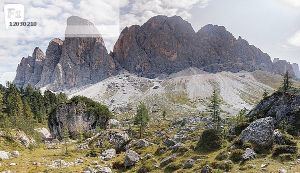 Felsen  Geröll  Schuttfeld unterhalb der Geislerspitzen  hinter der Geislergruppe  Villnösstal Sass Rigais  Dolomiten  Südtirol  Italien  Europa