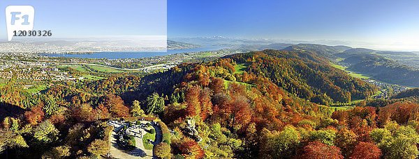Blick vom Uto Kulm  auch Üetliberg über Zürich mit Zürichsee und Albiskette  im Hintergrund Schweizer Alpen  Kanton Zürich  Schweiz  Europa