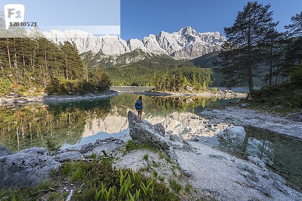 Wanderer steht auf Felsen  schaut in die Ferne  Eibsee und Zugspitze  Wettersteingebirge  bei Grainau  Oberbayern  Bayern  Deutschland  Europa