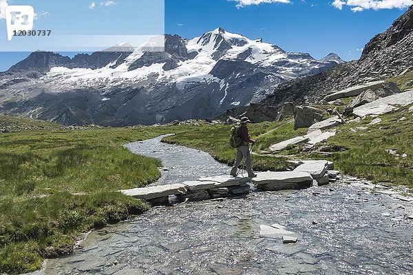 Wanderer überquert Gebirgsbach  Almwiese Valle delle Meyes  2700 m ü. M.  Rundweg von Pont  Panorama des Grand Paradiso  Valsavarenche-Tal  Gran Paradiso  Alpen  Autonome Region Valle delle Aosta  Italien  Europa