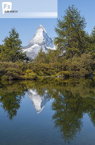 Schneebedecktes Matterhorn spiegelt sich im See  Grindijsee  Wallis  Schweiz  Europa