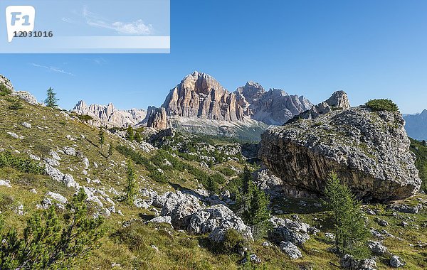 Wanderung zum Nuvolau und Averau  Blick auf Tofane  Dolomiten  Südtirol  Trentino-Südtirol  Italien  Europa