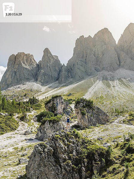 Wanderer auf Felsen stehend  Geröllfeld unterhalb der Geislerspitzen  hinter der Geislergruppe  Villnösstal Sass Rigais  Dolomiten  Südtirol  Italien  Europa