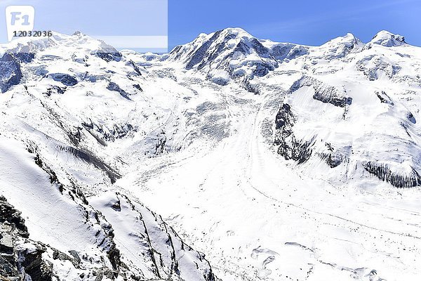 Gornergletscher im Winter  gesehen vom Gornergrat  Zermatt  Schweiz  Europa