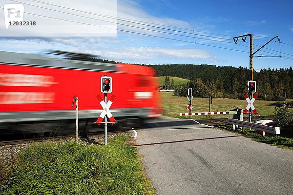Bahnübergang mit vorbeifahrendem Zug  Andraskreuz  Höllentalbahn  Titisee  Titisee-Neustadt  Schwarzwald  Baden-Württemberg  Deutschland  Europa