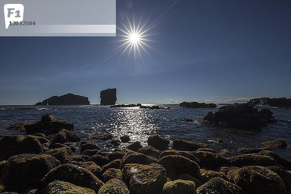 Felseninseln vor der Küste von Mosteiros  Ilheu dos Mosteiros  im Gegenlicht  Insel Sao Miguel  Azoren  Portugal  Europa