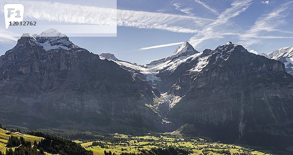 Blick auf Grosses Fiescherhorn  Eiger  Mönch  Jungfrau  Grindelwald  Bern  Schweiz  Europa