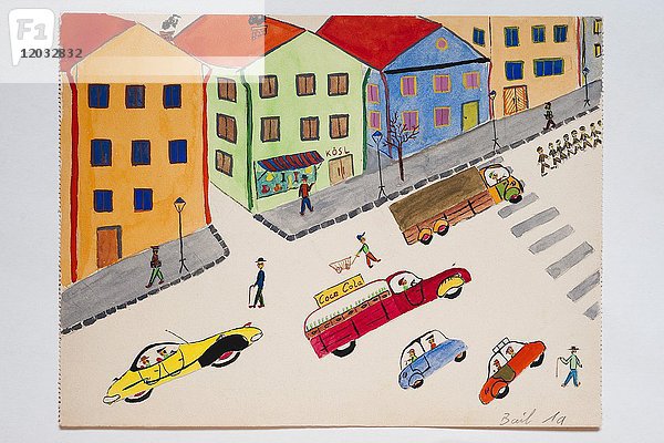 Straße  Häuser und bunte Autos  Kinderzeichnung  11 Jahre  Deutschland  Europa