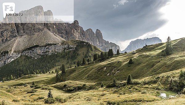 Grödnerjoch  Passo Gardena  2121m  hintere Sellagruppe mit Murfreitspitze  Naturpark Puez-Geisler  Dolomiten  Wolkenstein  Südtirol  Trentino-Südtirol  Italien  Europa