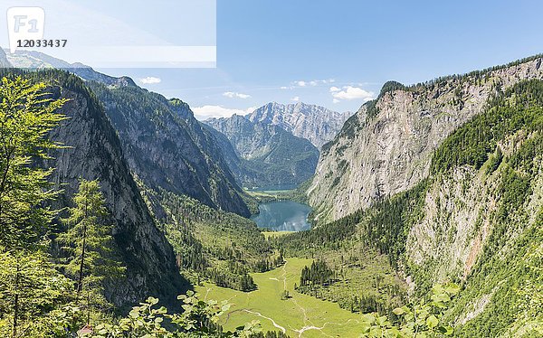 Blick auf den Obersee und den Königsee vom Röthsteig aus  im Hintergrund der Watzmann  Berchtesgaden  Oberbayern  Bayern  Deutschland  Europa