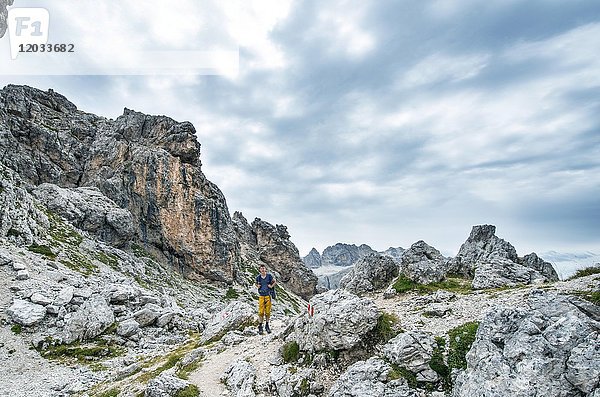 Wanderer auf dem Rundweg um die Sellagruppe  Grödner Joch  Grödner Joch  Naturpark Puez-Geisler  Dolomiten  Wolkenstein  Südtirol  Trentino-Südtirol  Italien  Europa