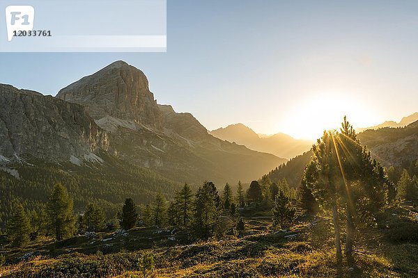 Sonnenaufgang vor den Gipfeln von Col dei Bos und Tofane  Falzaregopass  Dolomiten  Südtirol  Trentino-Südtirol  Italien  Europa