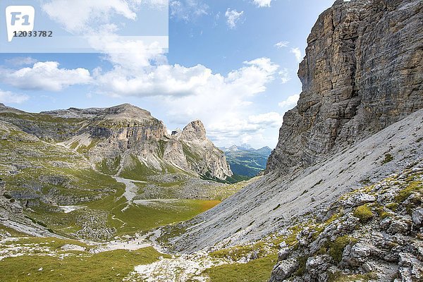 Blick ins Tal Richtung Kolfuschg  Rundweg um die Sellagruppe  Grödnerjoch  Passo Gardena  Naturpark Park Puez-Geisler  Dolomiten  Wolkenstein  Südtirol  Trentino-Südtirol  Italien  Europa