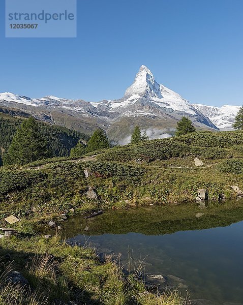 Schneebedecktes Matterhorn hinter dem Leisee  Wallis  Schweiz  Europa