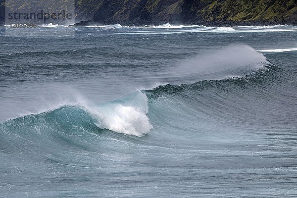 Wellen  starker Wellengang  Gischt  Baia da Ribeira das Cabras  Insel Faial  Azoren  Portugal  Europa