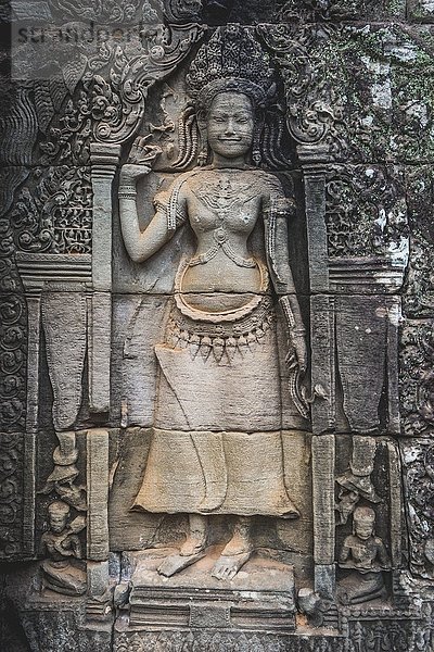 Steinrelief einer göttlichen Tänzerin  Apsaras  Detail  Tempelruine  Bayon Tempel  Angkor Thom Komplex  Angkor Archaeological Park  Provinz Siem Reap  Kambodscha  Asien