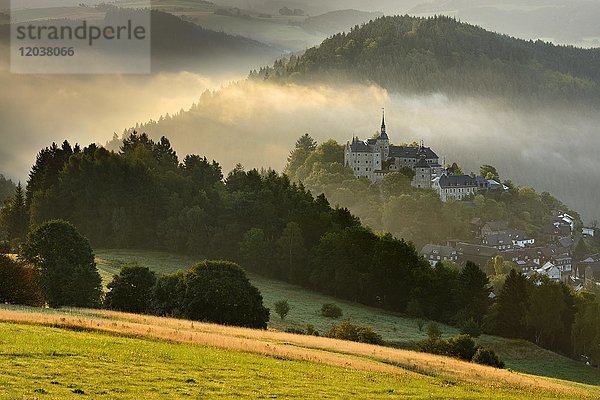 Burg Lauenstein  Morgenlicht  Morgennebel  Ludwigsstadt  Oberfranken  Bayern  Deutschland  Europa