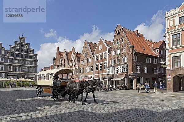 Pferdekutsche vor Häuserzeile aus Backsteinhäusern  Am Sande  Lüneburg  Niedersachsen  Deutschland  Europa