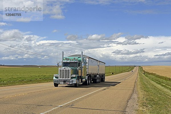 LKW fährt auf gerader Straße  Alberta  Kanada  Nordamerika