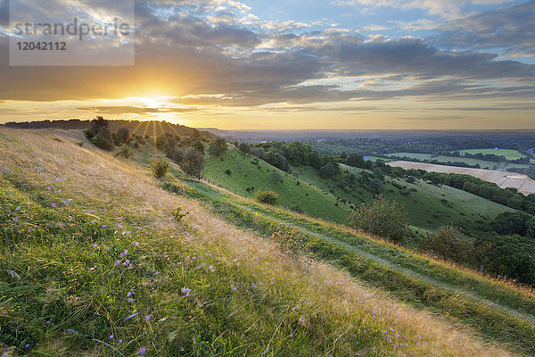 Sonnenuntergang über dem eisenzeitlichen Hügelkastell Beacon Hill  in der Nähe von Highclere  Hampshire  England  Vereinigtes Königreich  Europa