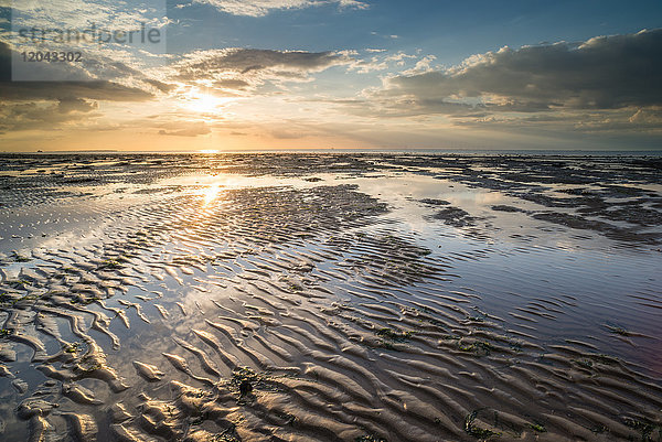 Blick auf Sandstrand und Pools bei Ebbe  bei Sonnenuntergang  Reculver  Kent  England  Vereinigtes Königreich  Europa