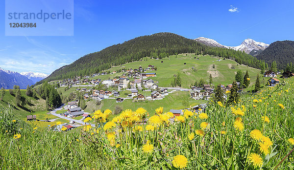 Panoramablick auf das Alpendorf Davos Wiesen im Frühling  Kanton Graubünden  Prättigau Region Davos  Schweiz  Europa