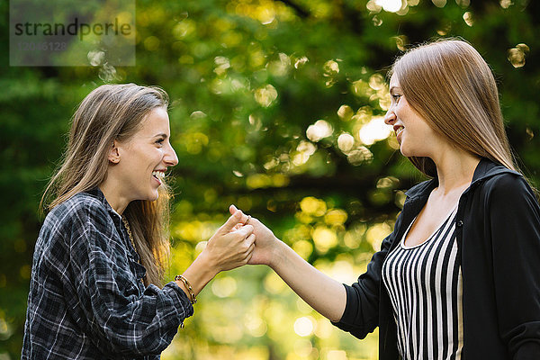 Zwei junge Freundinnen geben sich im Park heimlich die Hand