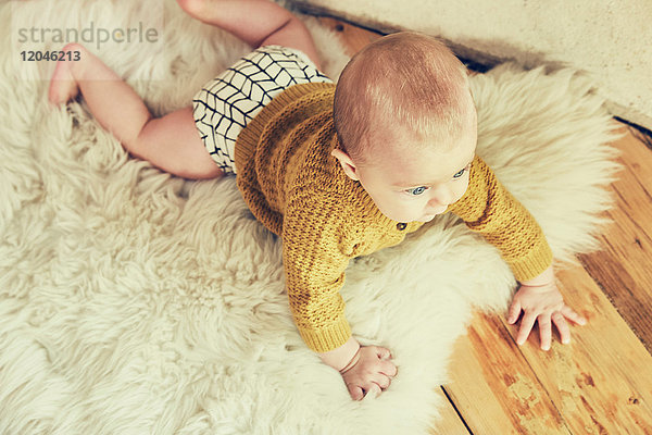 Draufsicht auf einen kleinen Jungen  der auf einem Schafsfell-Teppich liegt