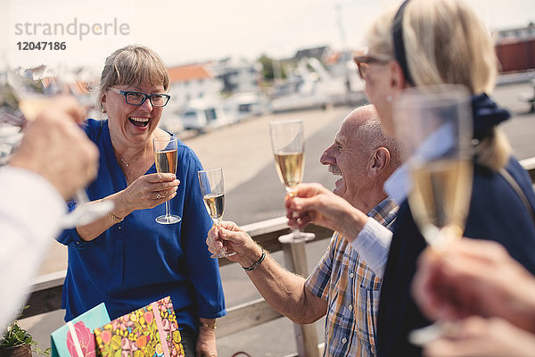 Fröhliche Seniorentoastin mit Freunden auf der Terrasse des Restaurants