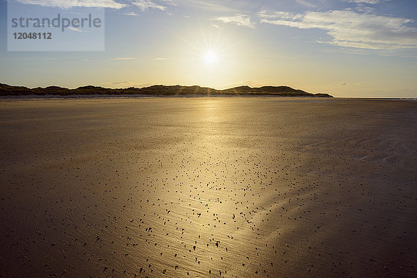 Die Sonne spiegelt sich auf dem Sandstrand bei Ebbe an der Nordsee bei Sonnenaufgang  Bamburgh in Northumberland  England  Vereinigtes Königreich
