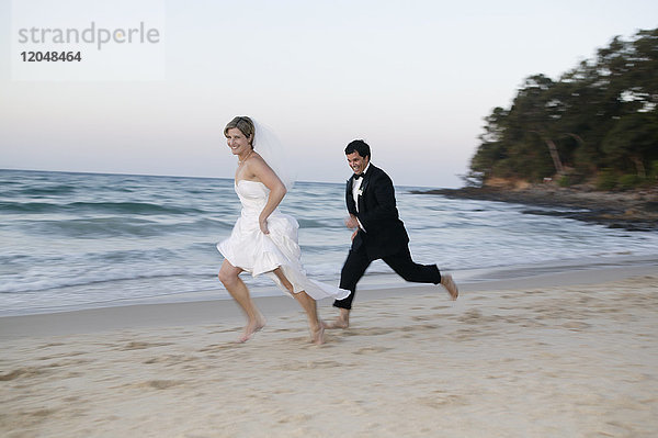 Bräutigam und Braut laufen am Strand  Noosa Beach  Australien