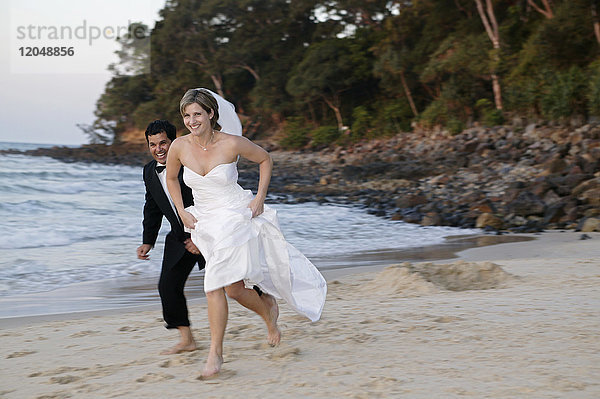 Der Bräutigam trägt die Braut am Strand  Noosa Beach  Australien