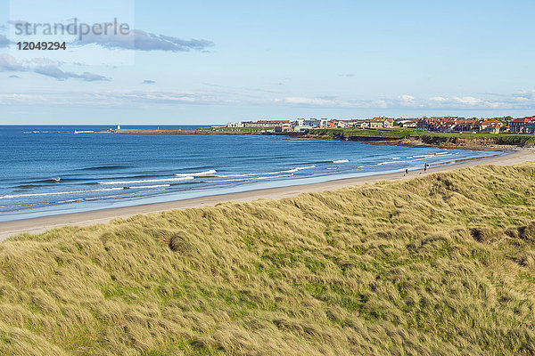 Grasbewachsene Dünen und Strand an der Nordsee  im Hintergrund die Stadt Seahouses in Northumberland  England  Vereinigtes Königreich