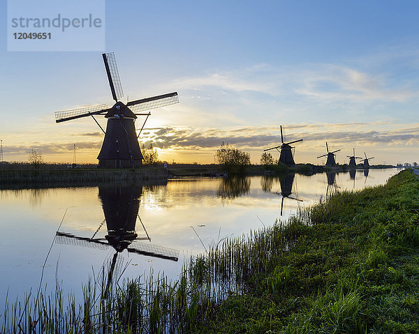 Windmühlen bei Sonnenaufgang  Kinderdijk  Südholland  Niederlande