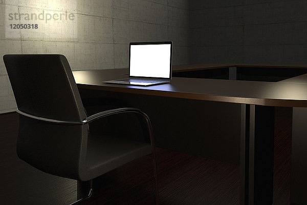 Digitale Illustration eines Konzepts für einen späten Arbeitsbeginn mit einem leeren Konferenzraum und einem Laptop