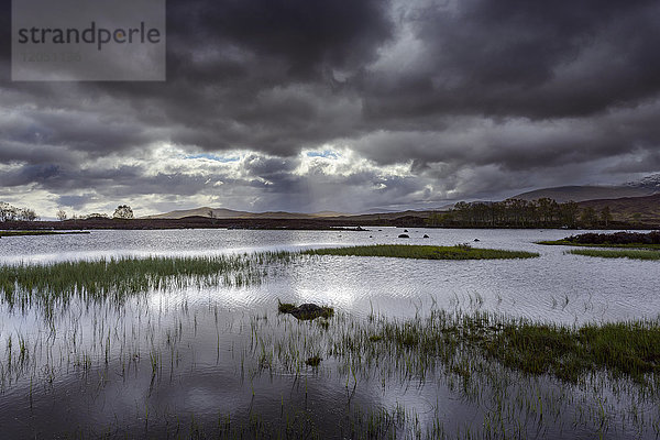 Moorlandschaft mit See und grasbewachsenen Flächen und dunklen Gewitterwolken im Rannoch Moor in Schottland  Vereinigtes Königreich